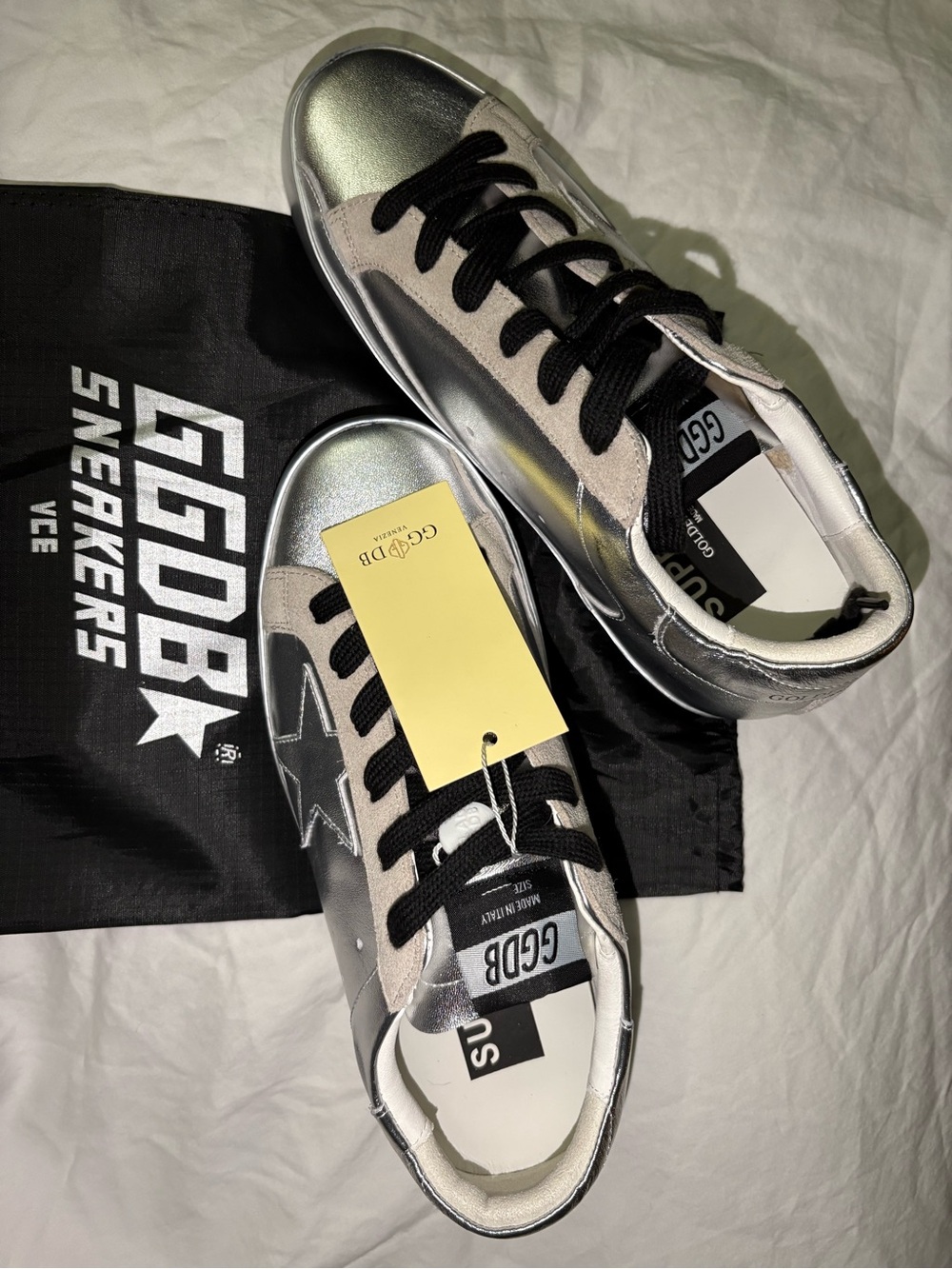 Golden Goose Metallic Silver & Black Superstar Sneakers